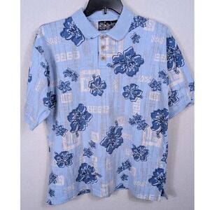Vintage OP Ocean Pacific Mens Blue Hibiscus Aloha Hawaiian Knit Polo Shirt Large